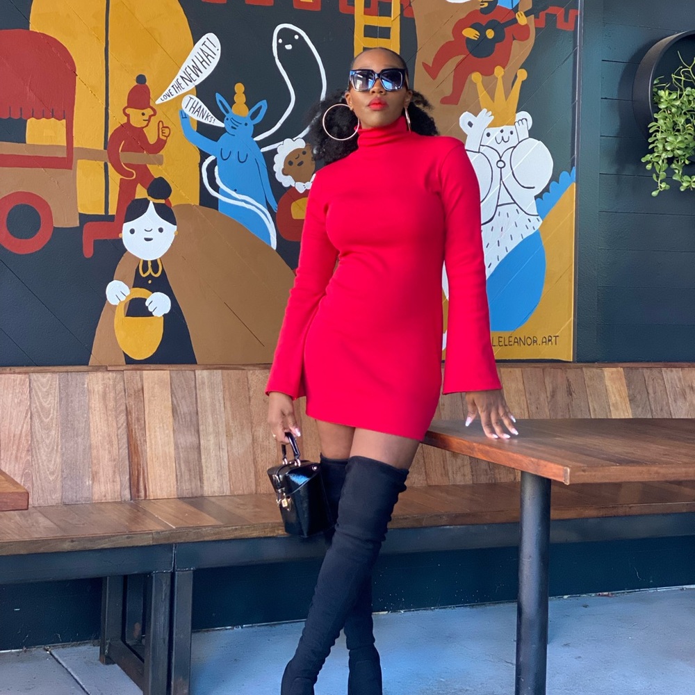 Nasty Gal High Neck Flare Sleeve Jersey Bodycon Mini Dress Red Size US 8